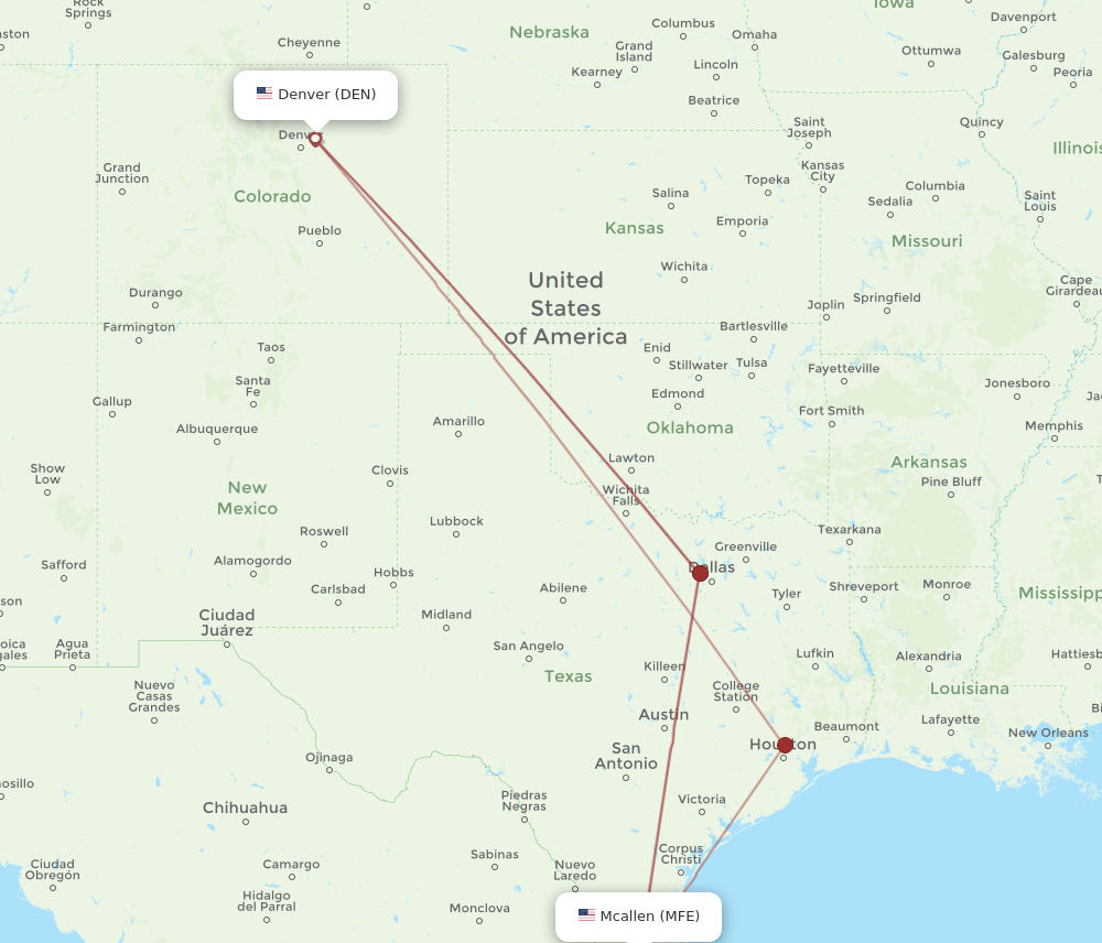 DEN to MFE flights and routes map