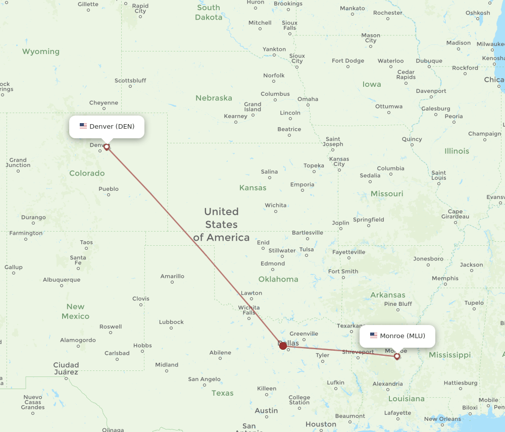DEN to MLU flights and routes map