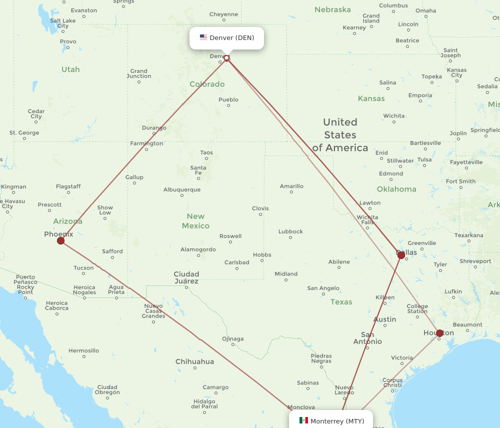 DEN to MTY flights and routes map