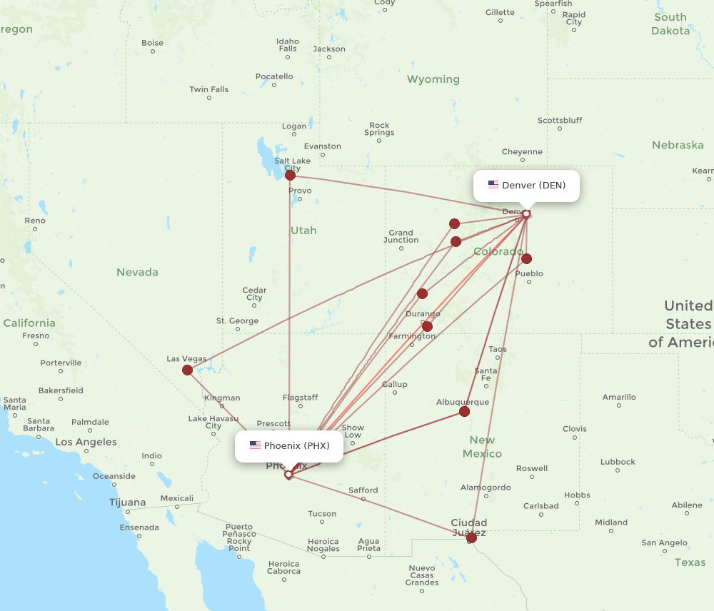 Denver - Phoenix route map and flight paths