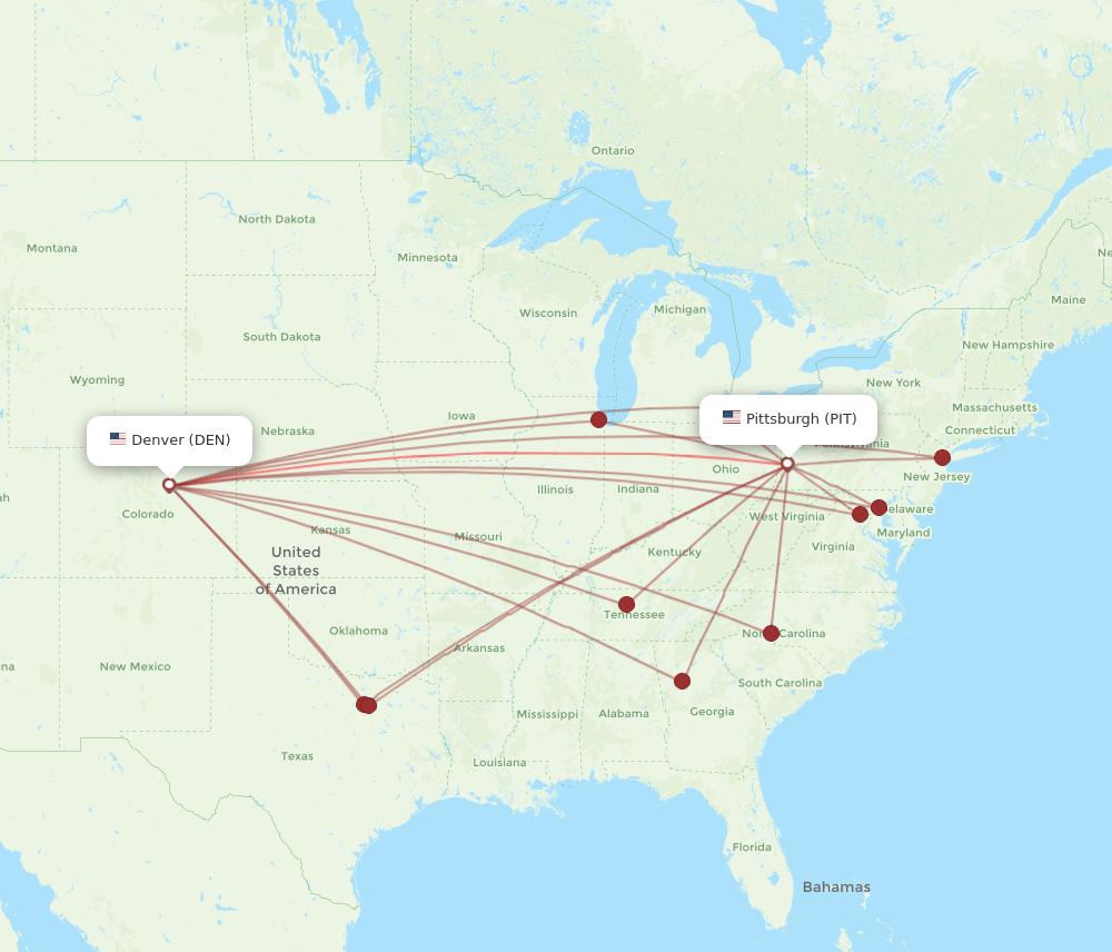 DEN to PIT flights and routes map