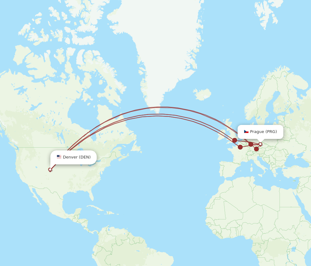 DEN to PRG flights and routes map