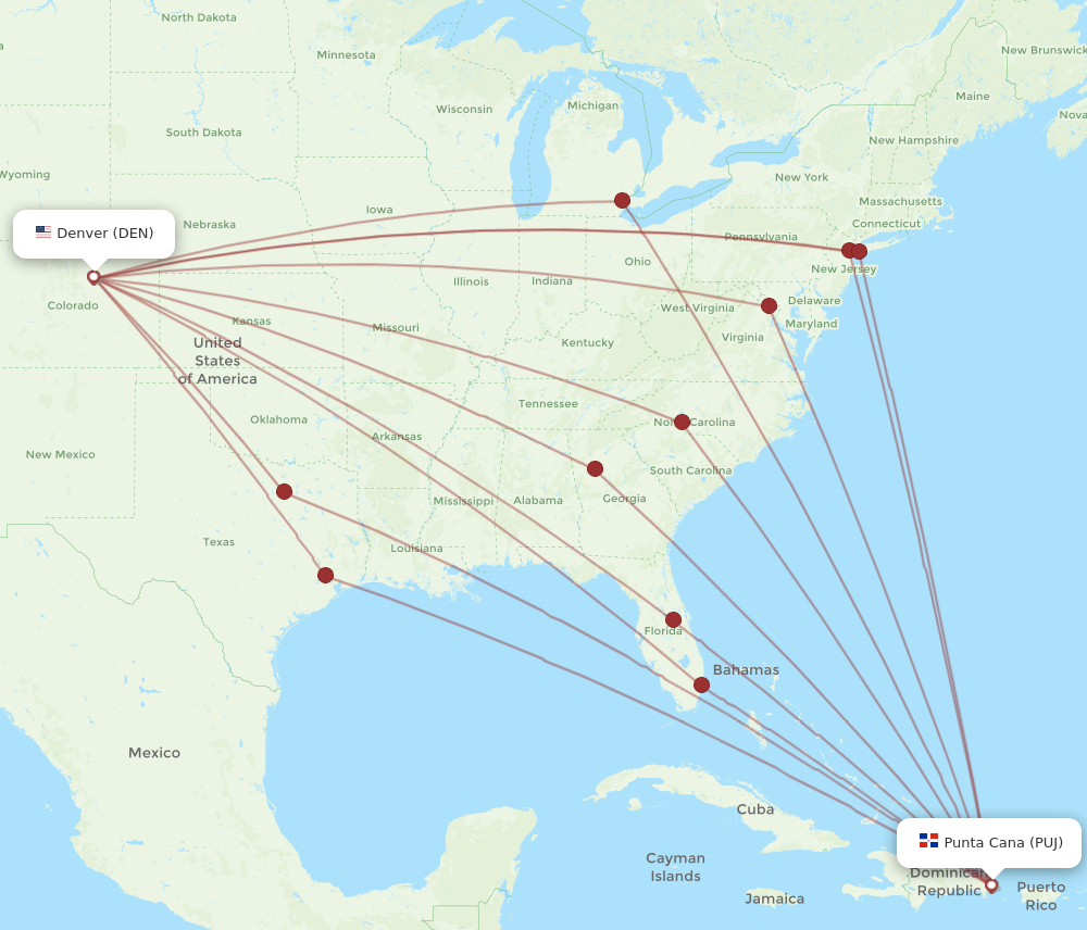 DEN to PUJ flights and routes map