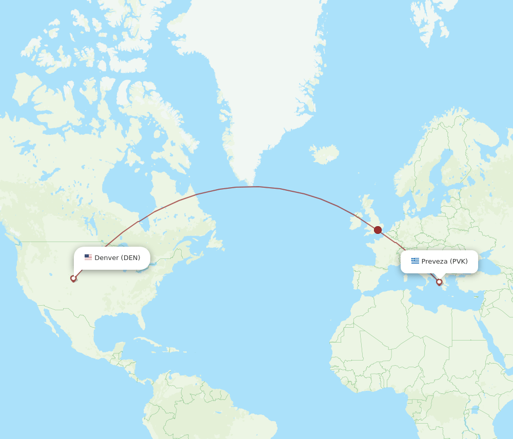 Preveza - Denver route map and flight paths