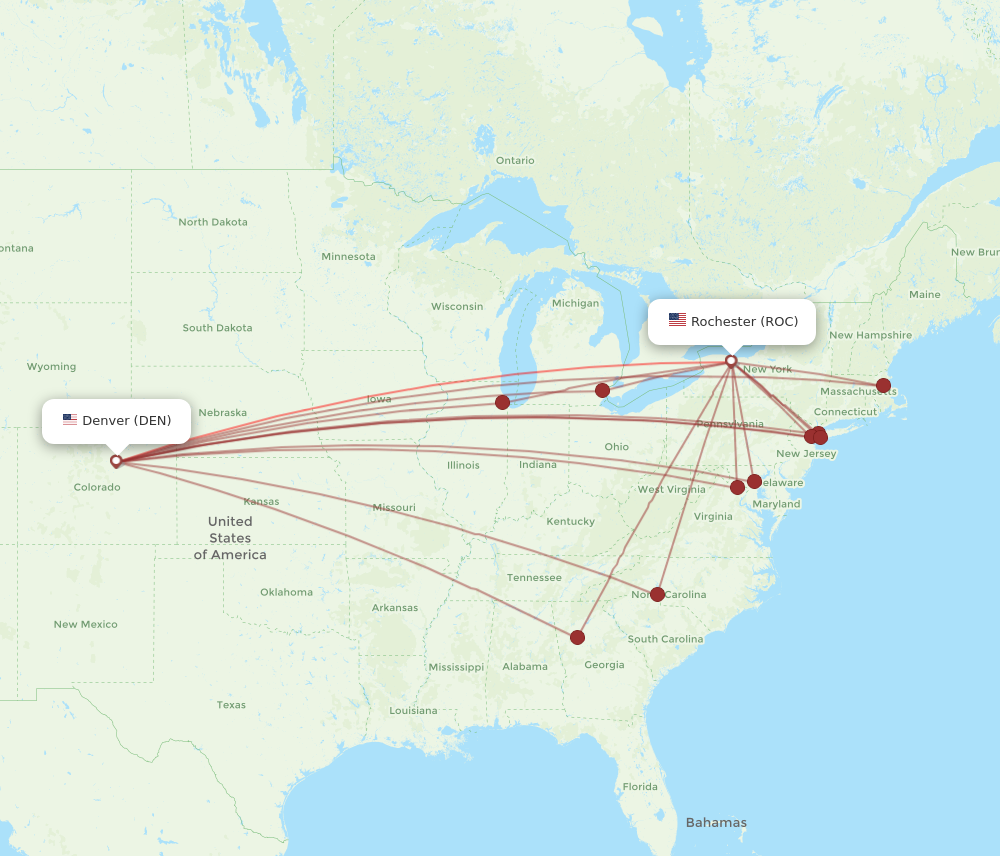 DEN to ROC flights and routes map