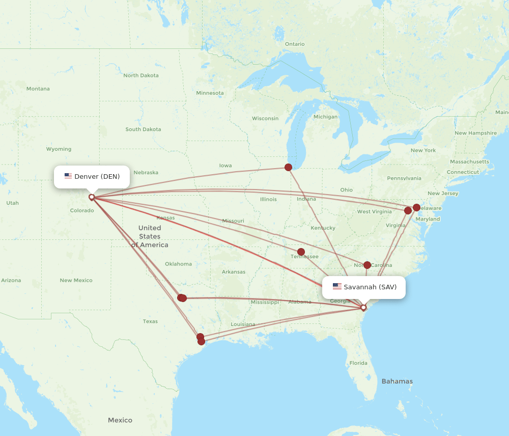 DEN-SAV flight routes