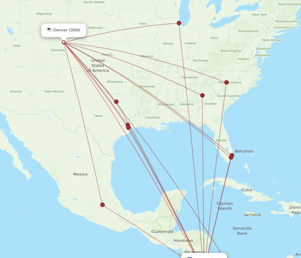 DEN to SJO flights and routes map