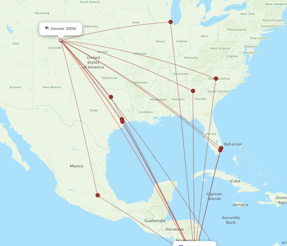 DEN to SJO flights and routes map