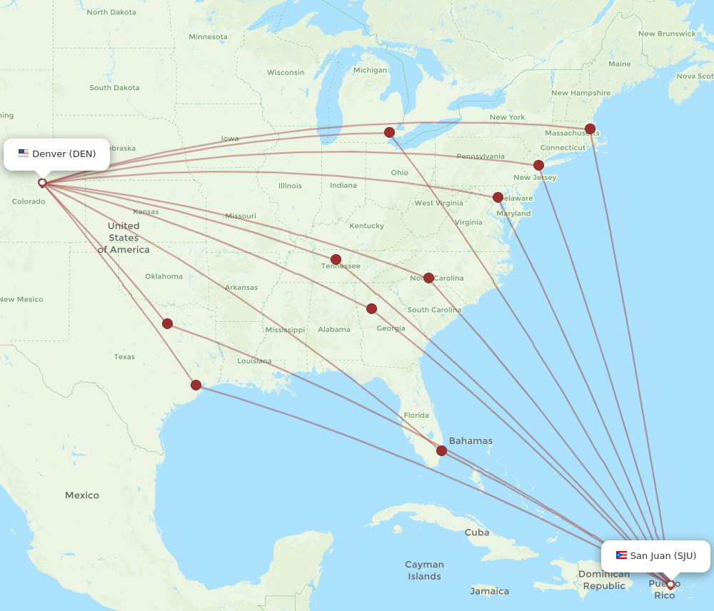DEN to SJU flights and routes map