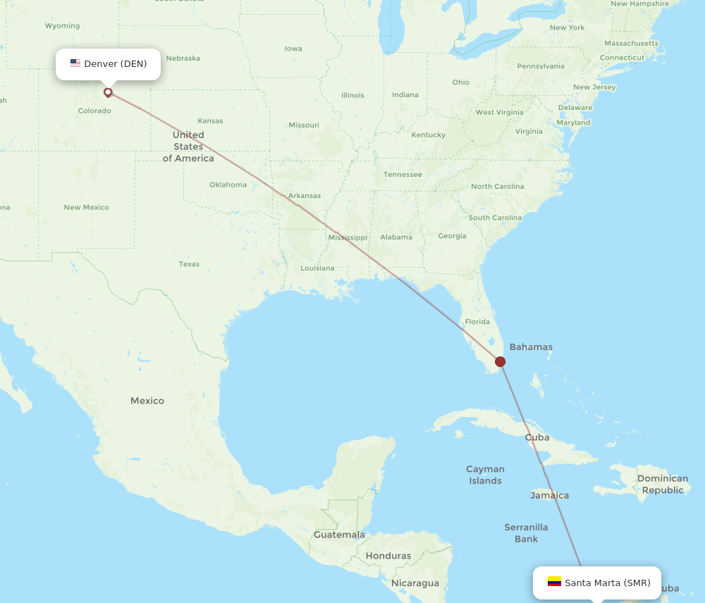 Denver - Santa Marta route map and flight paths