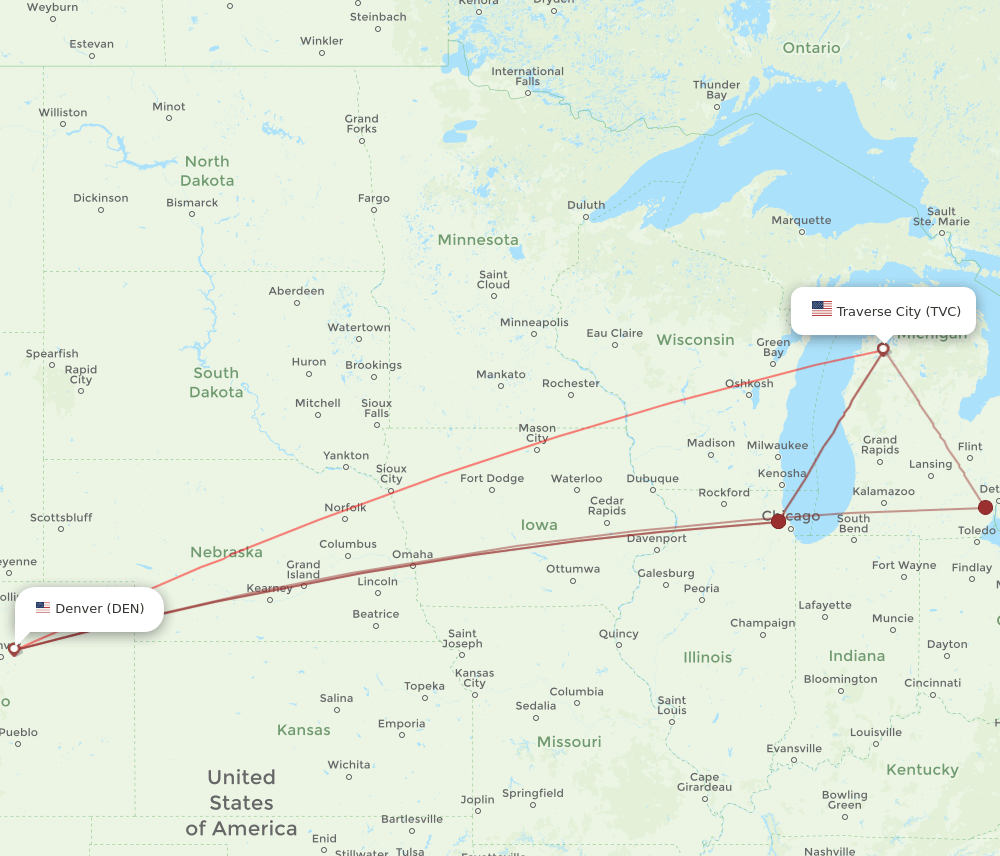 DEN to TVC flights and routes map