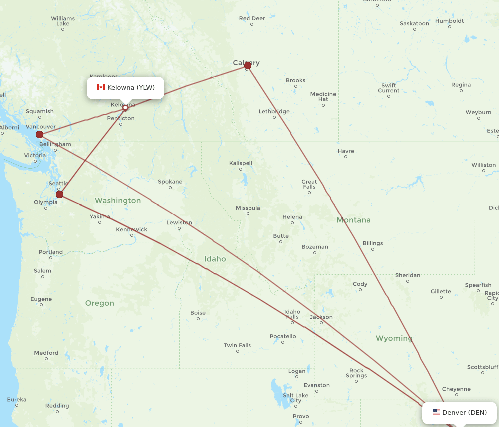 DEN to YLW flights and routes map