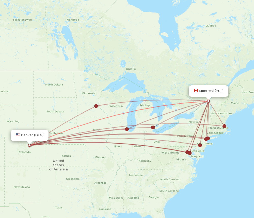 DEN to YUL flights and routes map