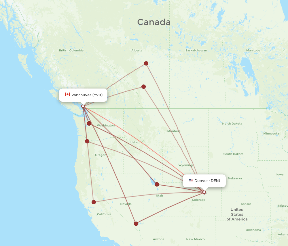 DEN to YVR flights and routes map
