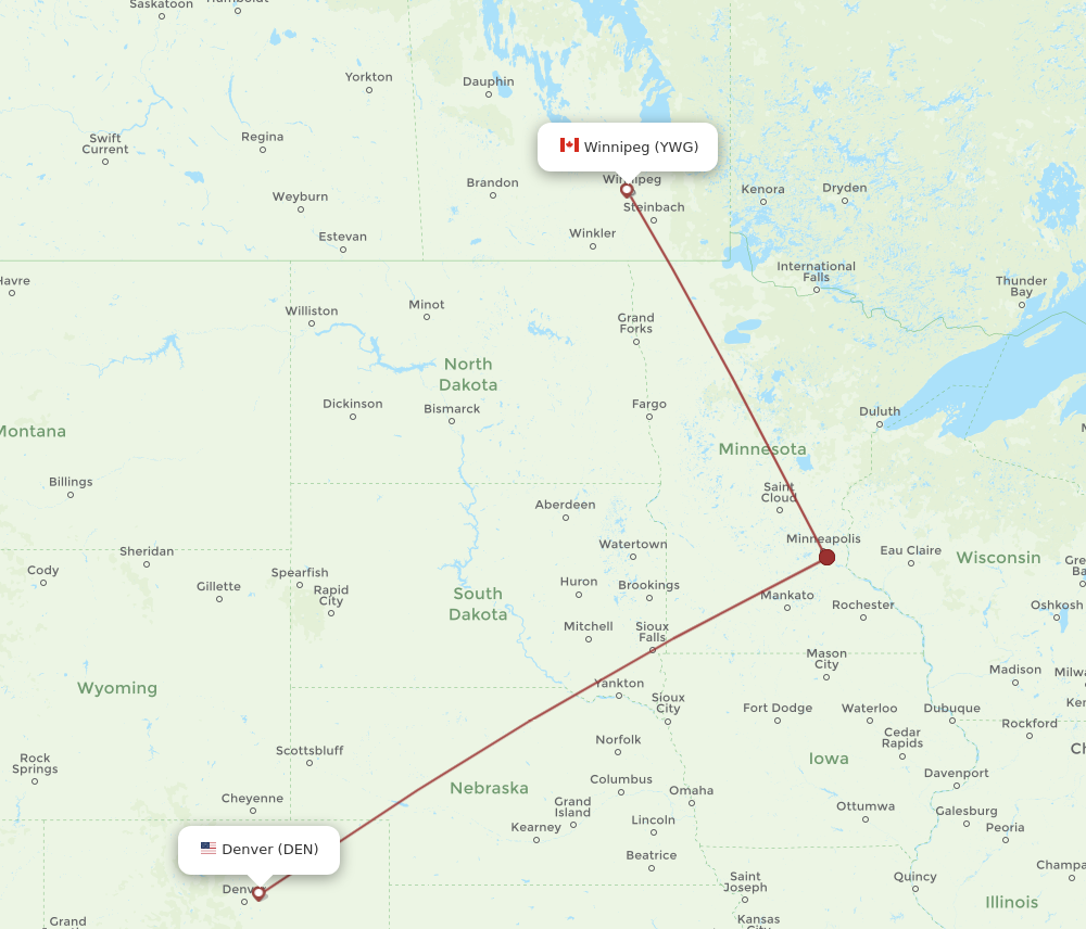 DEN to YWG flights and routes map