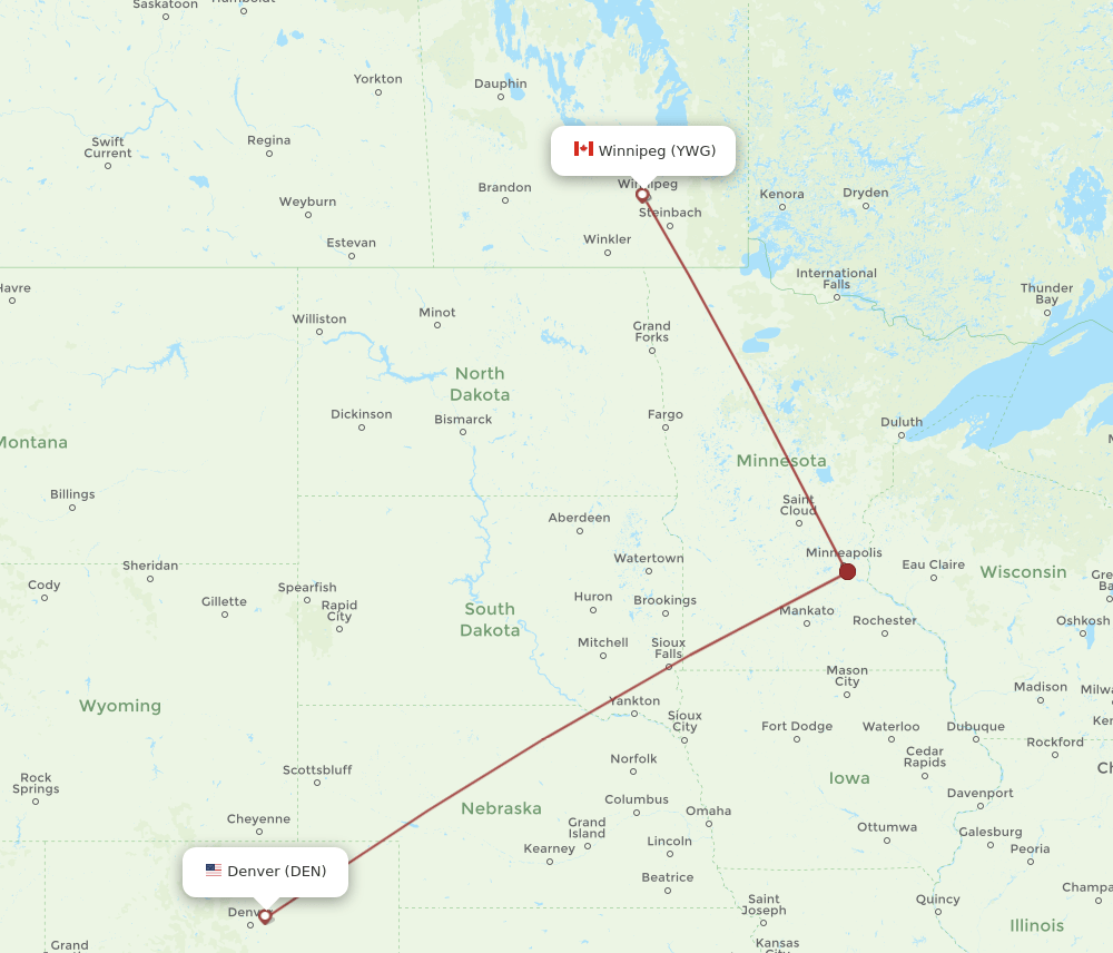 Winnipeg - Denver route map and flight paths