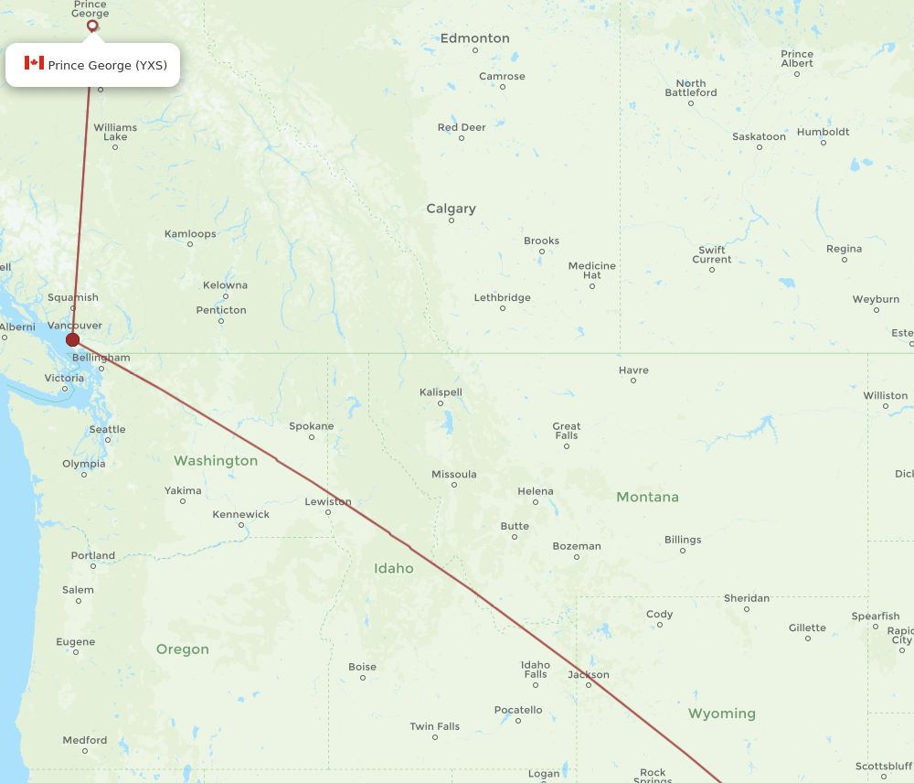Prince George - Denver route map and flight paths