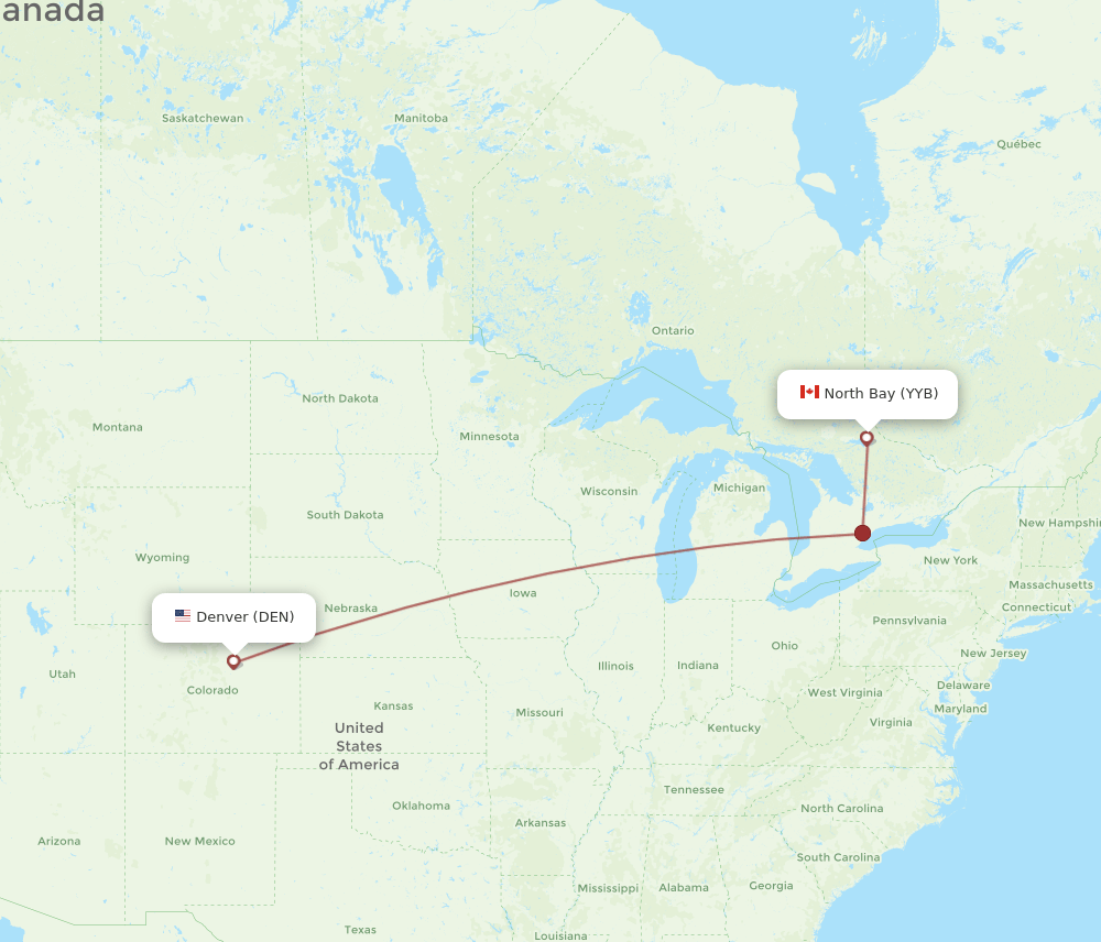 North Bay - Denver route map and flight paths