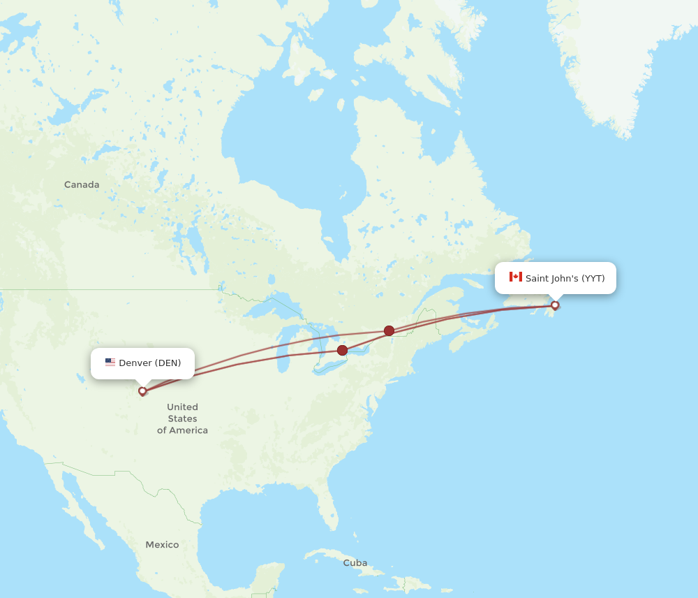 DEN to YYT flights and routes map