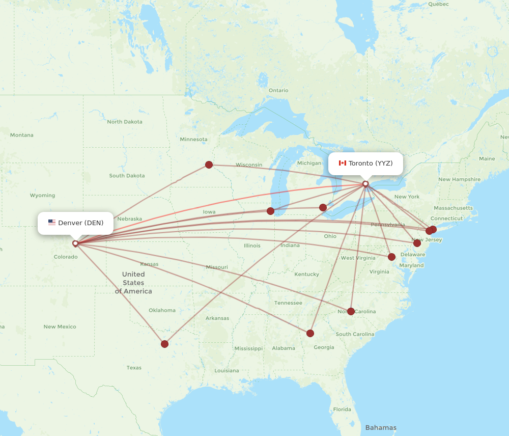 DEN to YYZ flights and routes map