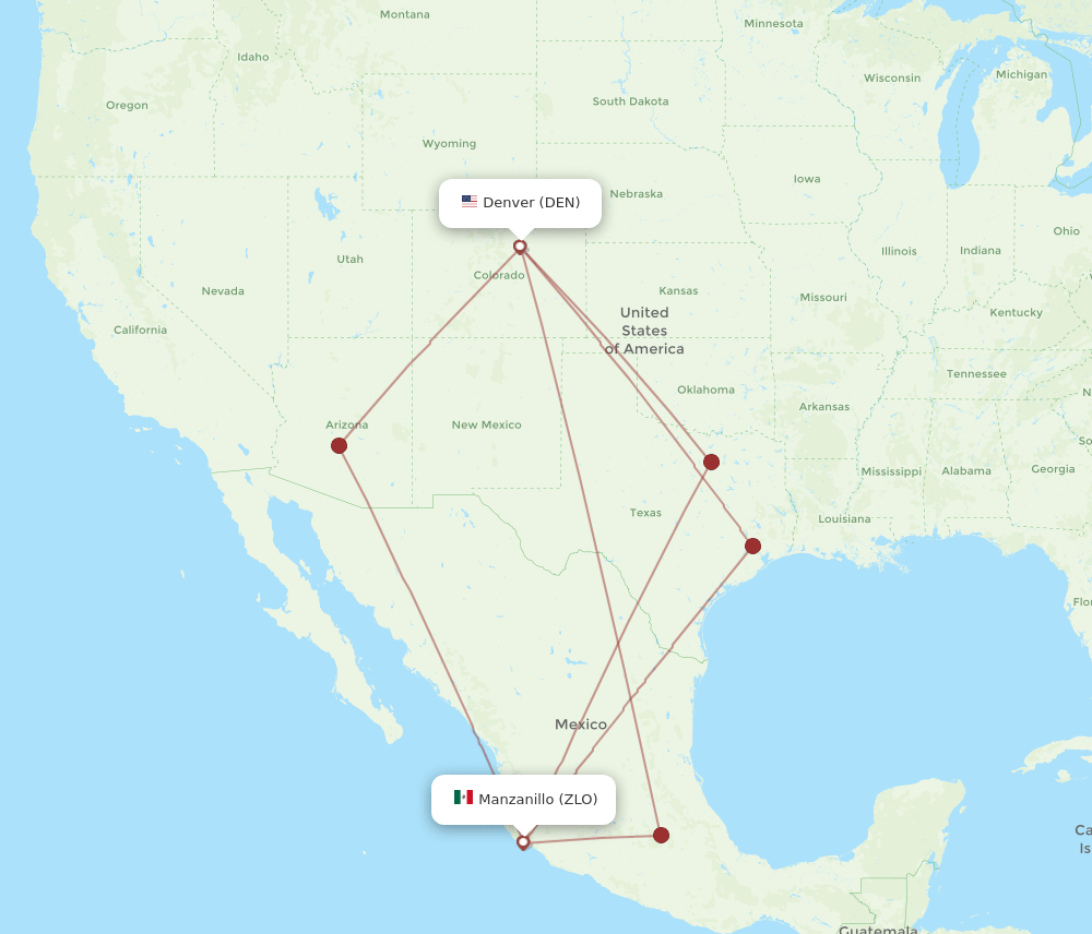 Manzanillo - Denver route map and flight paths