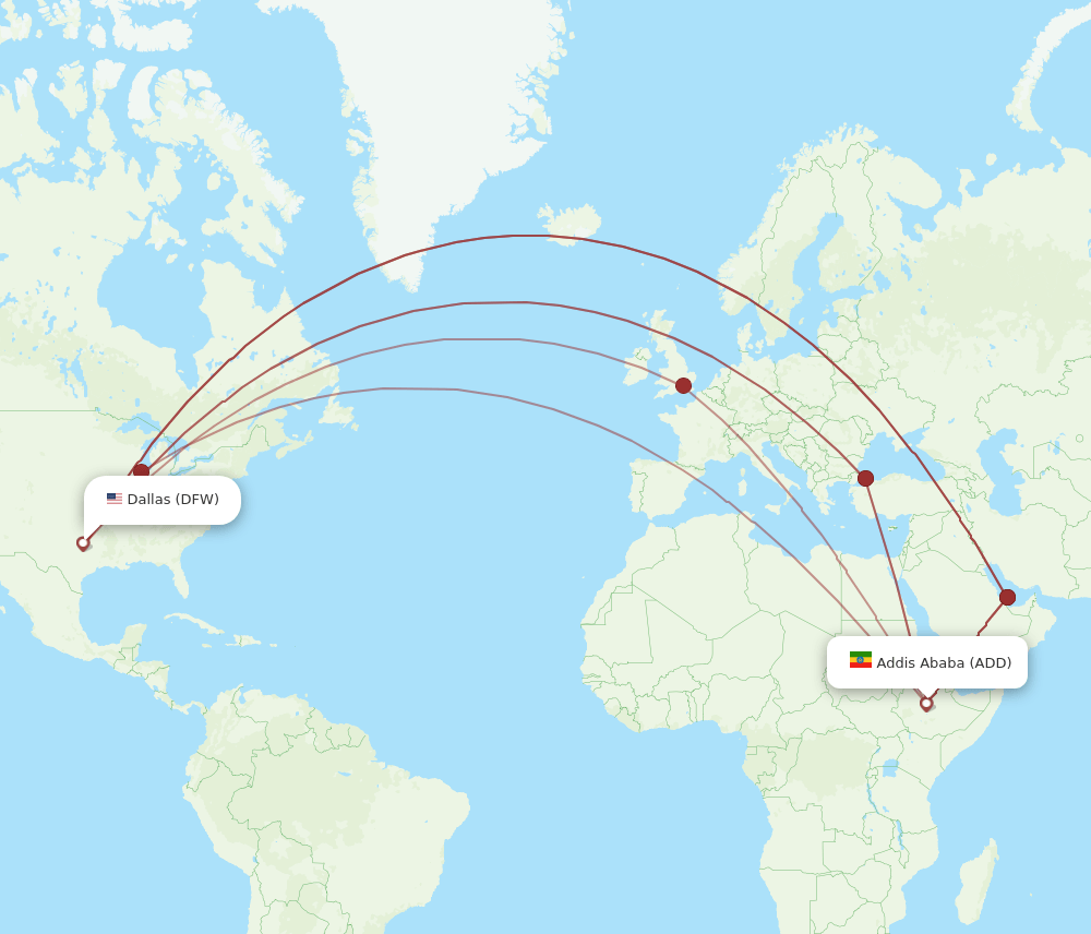 DFW to ADD flights and routes map