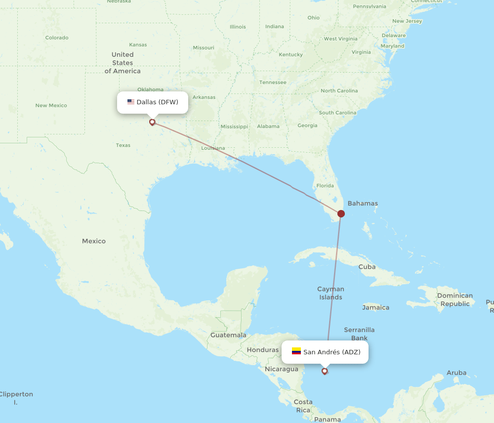 Dallas - San Andres Island route map and flight paths
