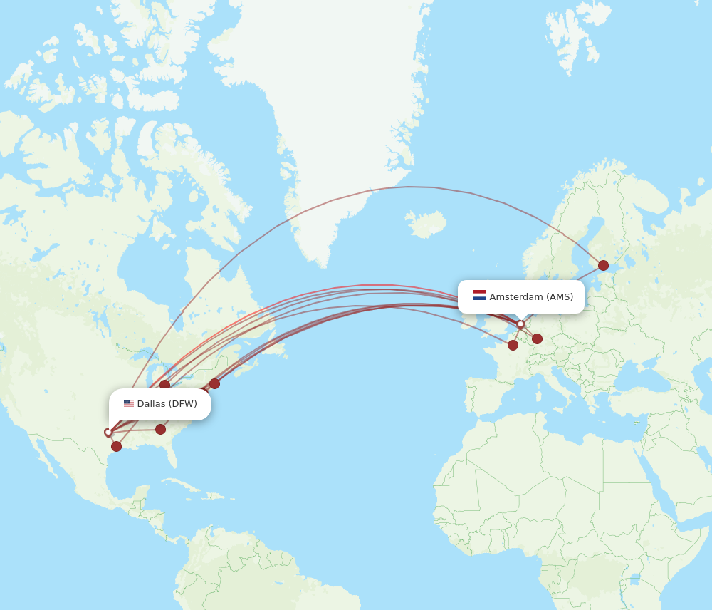 DFW to AMS flights and routes map