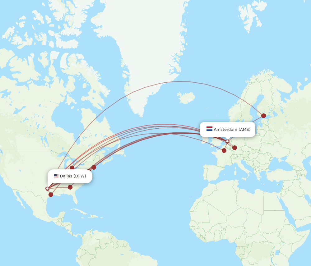 DFW to AMS flights and routes map