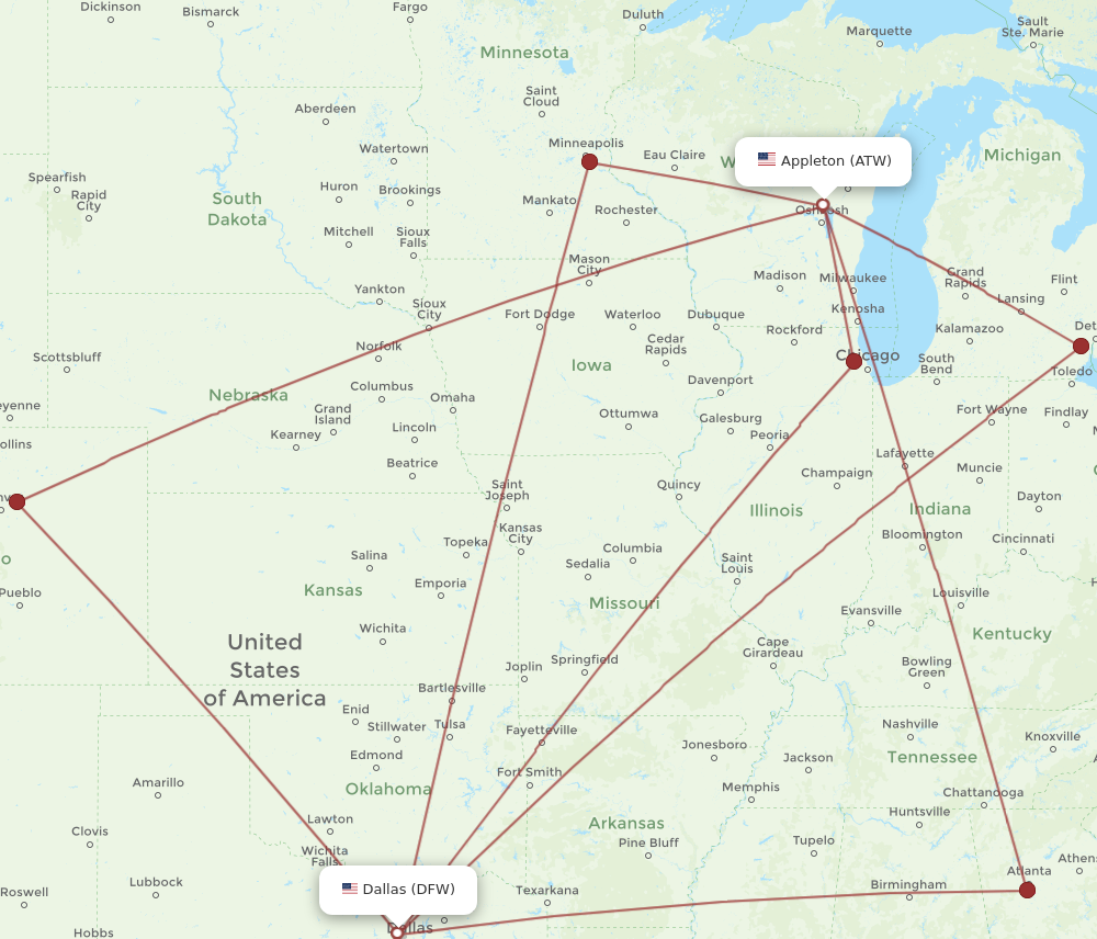 DFW to ATW flights and routes map