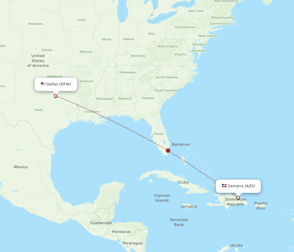 Dallas - El Catey/Samana route map and flight paths