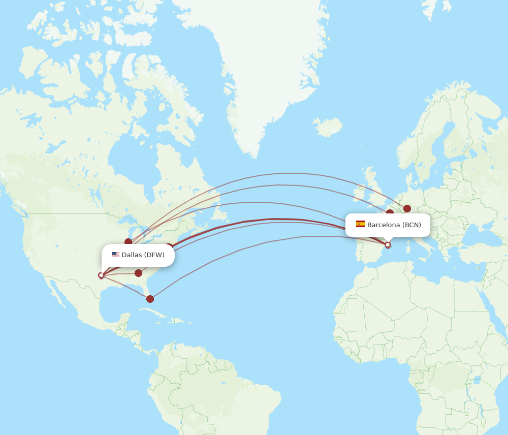 DFW to BCN flights and routes map