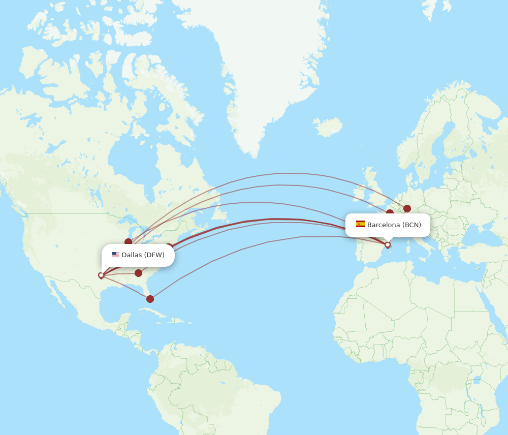 DFW to BCN flights and routes map