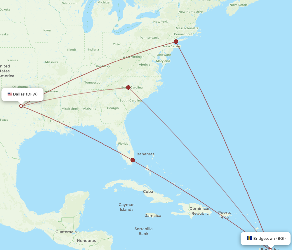 DFW to BGI flights and routes map