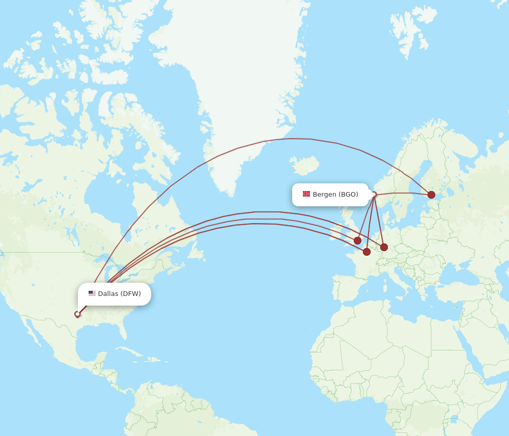 DFW to BGO flights and routes map