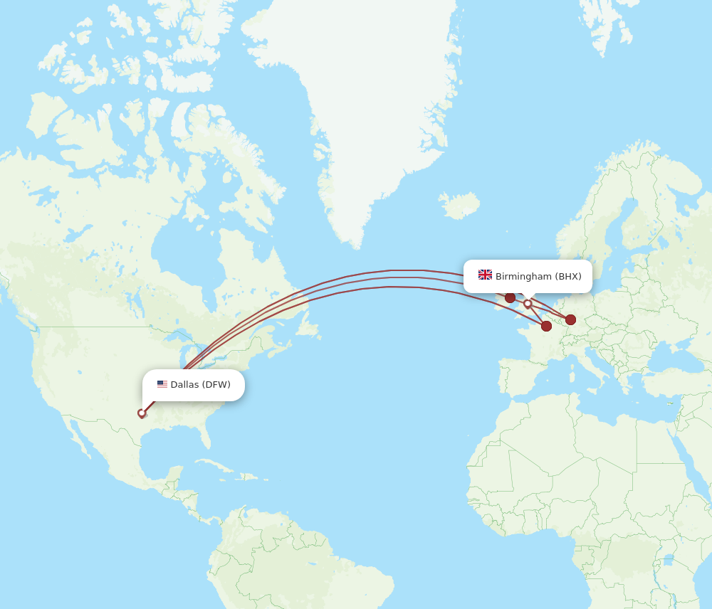 DFW to BHX flights and routes map