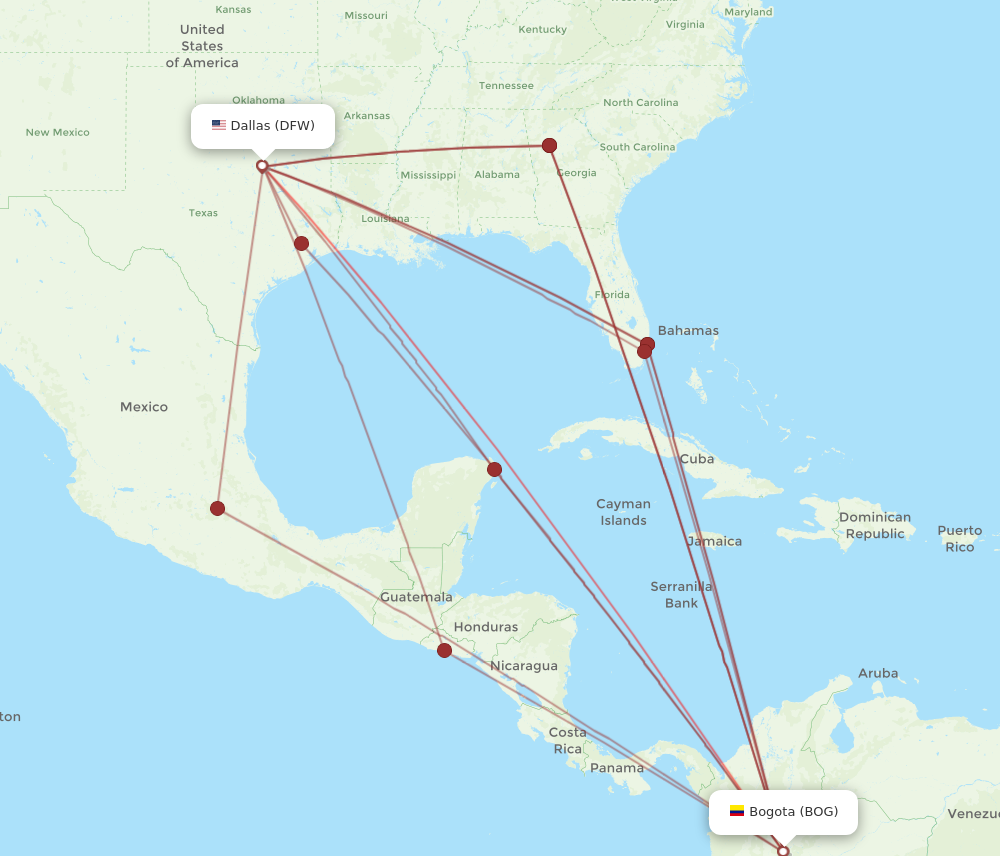DFW to BOG flights and routes map