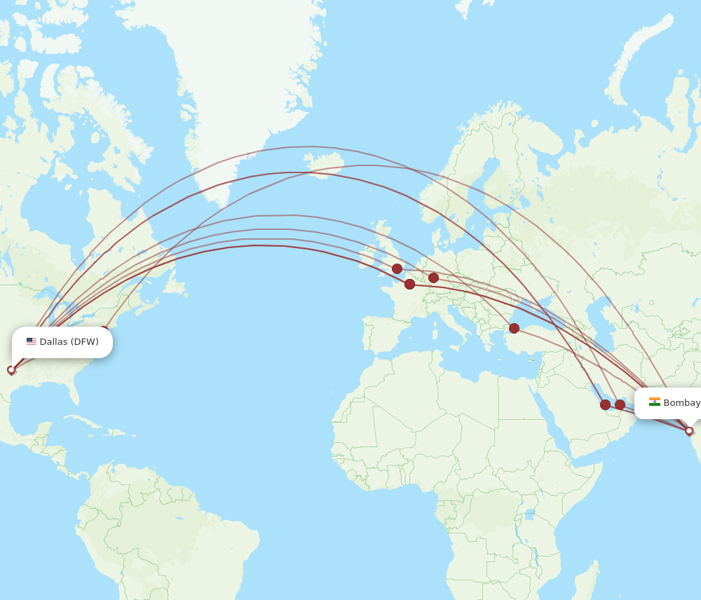 DFW to BOM flights and routes map