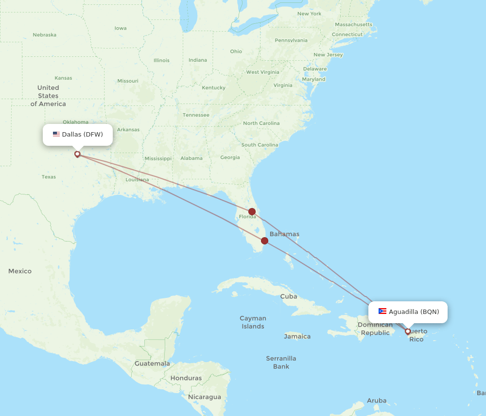 Aguadilla - Dallas route map and flight paths