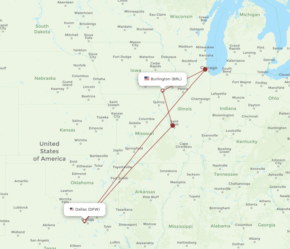 DFW to BRL flights and routes map