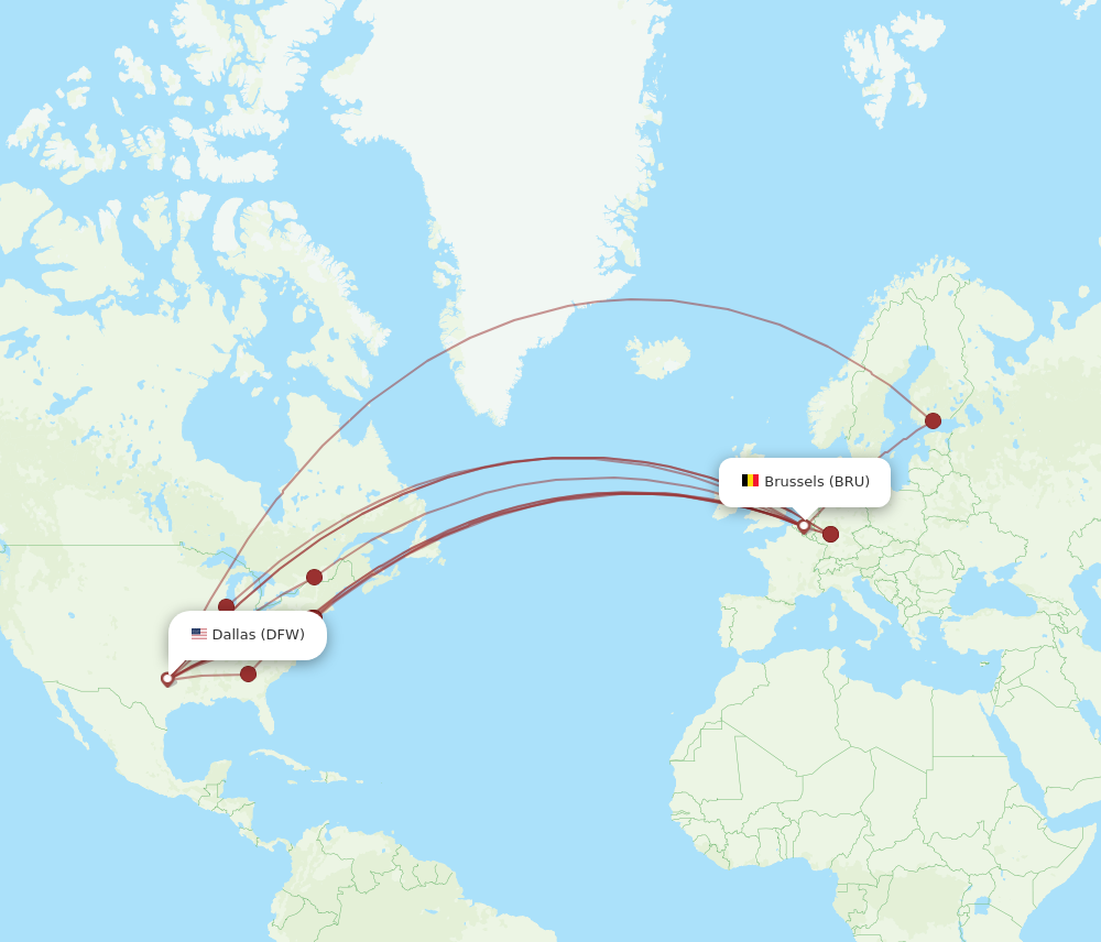 DFW to BRU flights and routes map