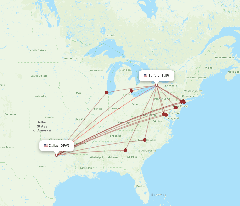 DFW to BUF flights and routes map