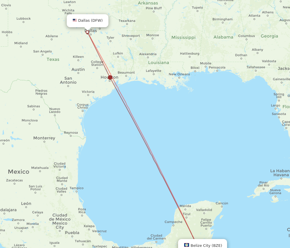 DFW to BZE flights and routes map