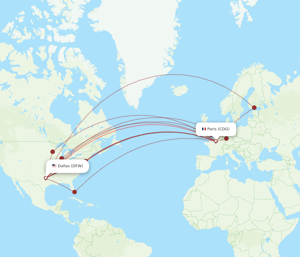DFW to CDG flights and routes map