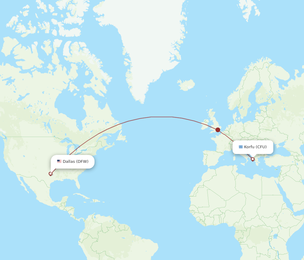 Kerkyra - Dallas route map and flight paths