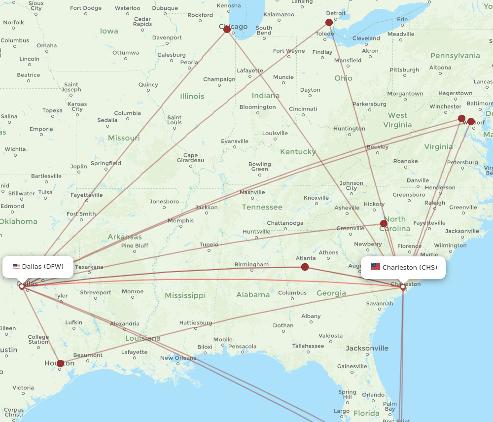 DFW to CHS flights and routes map
