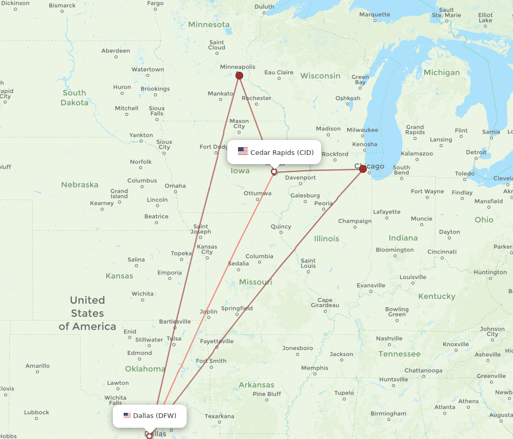DFW to CID flights and routes map