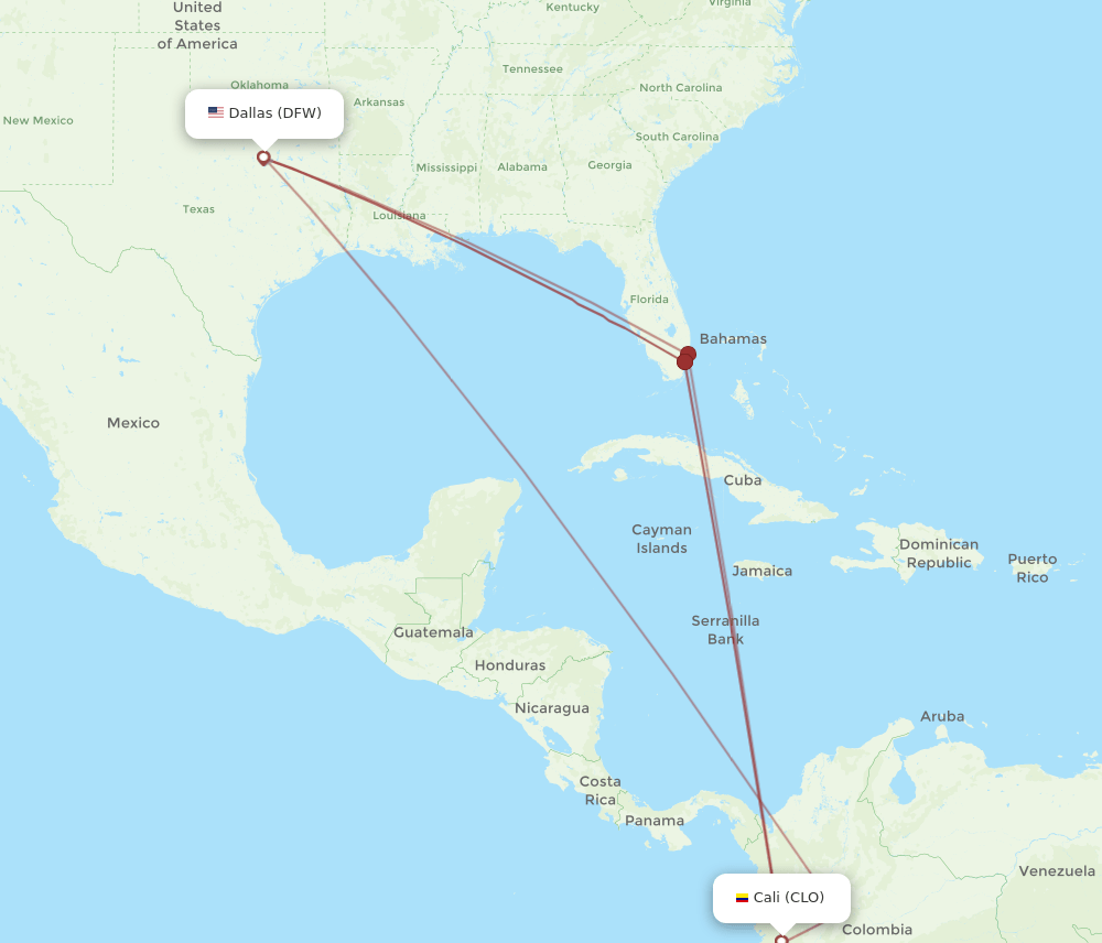 DFW to CLO flights and routes map