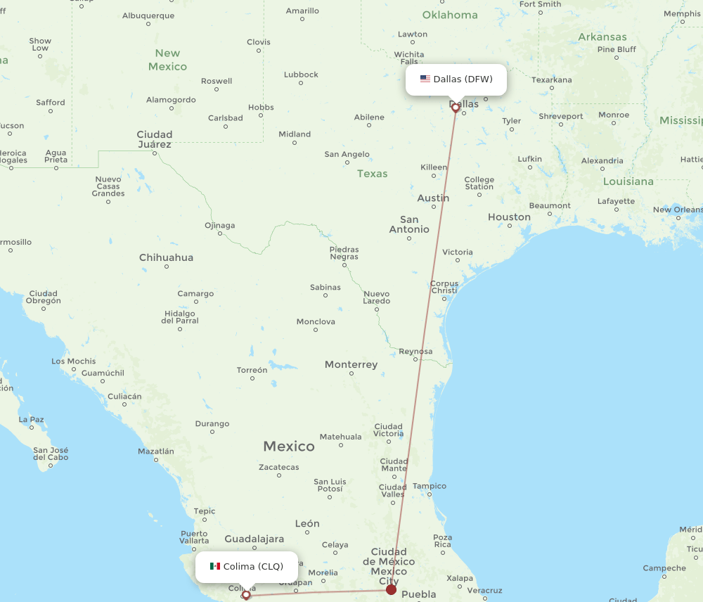 Dallas - Colima route map and flight paths