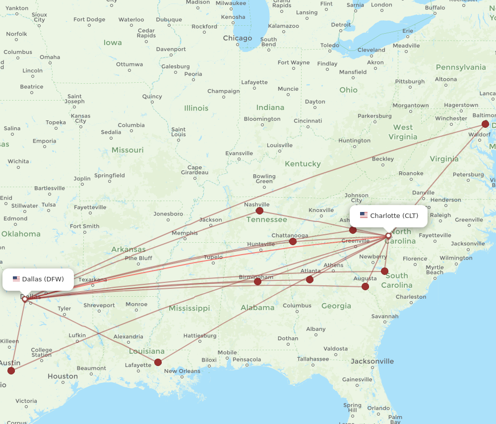Dallas - Charlotte route map and flight paths